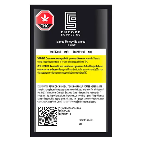 Image for Mango Melody Balanced 510 Thread Cartridge, cannabis vapes by Encore Supply Co