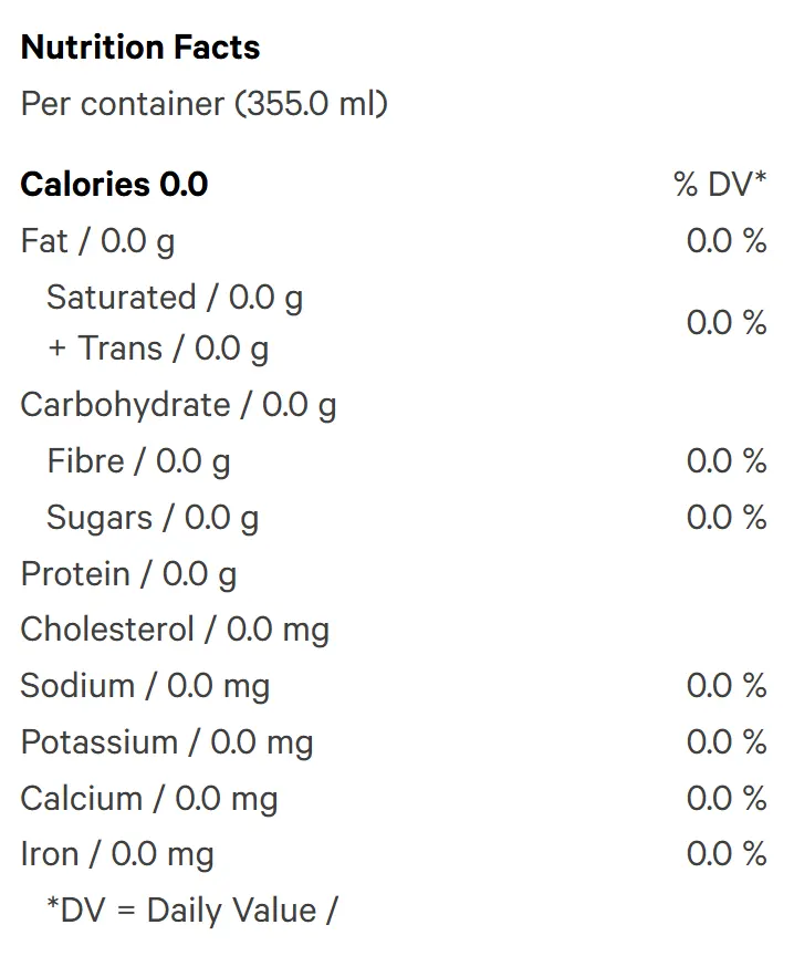 Mango Seltzer (Sparkling Water) Nutrition Table