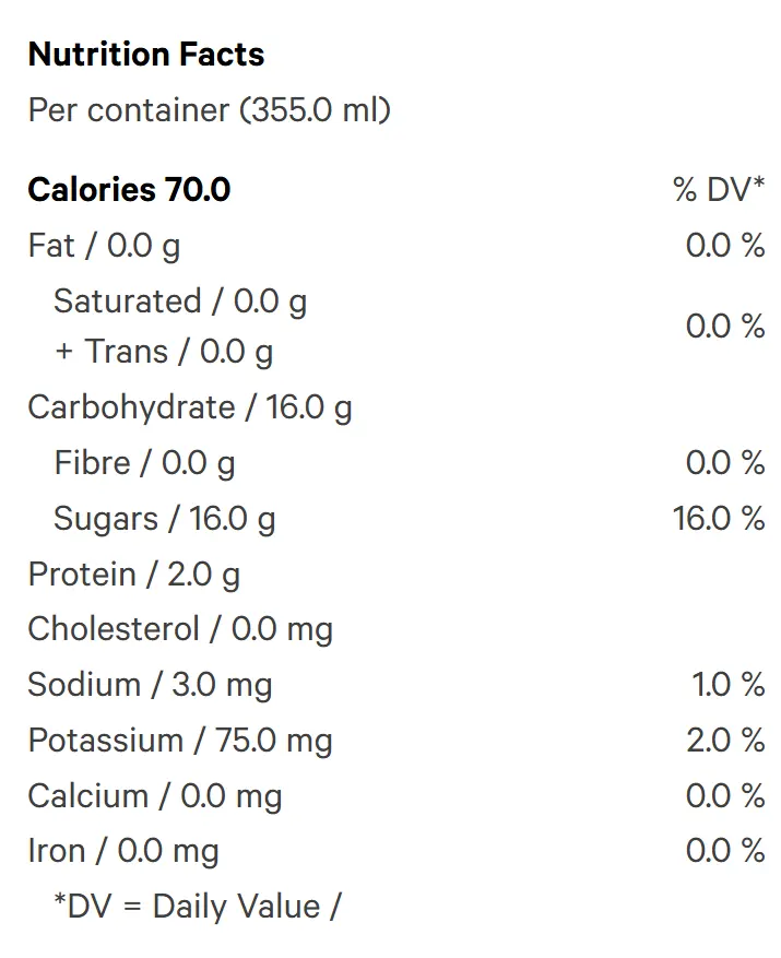 Orchard Chill’r 10mg THC + 10mg CBG (Dealcoholized) Nutrition Table