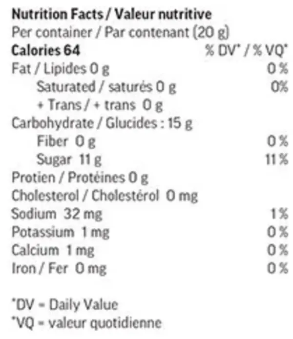 Day Tripper Raspberry & Vanilla Sour Squeezys (Gummies) Nutrition Table