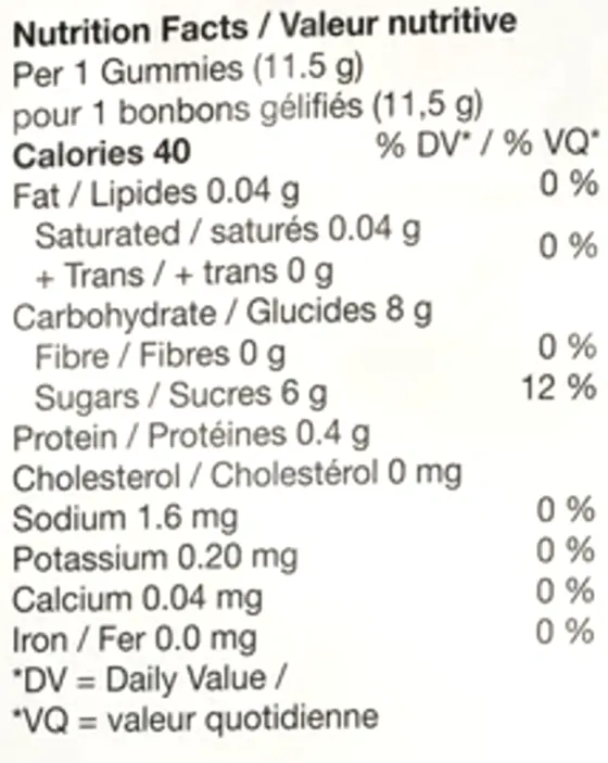 No.9 True Sativa Resin XL - Tropical Smoothie (Gummies) Nutrition Table