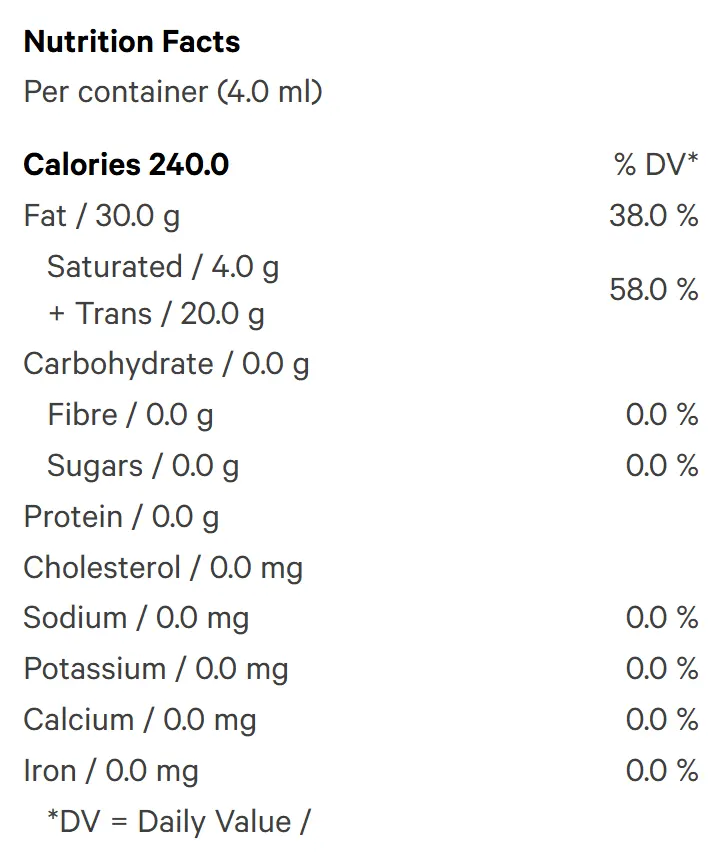 Olive Oil (Baking, Cooking) Nutrition Table