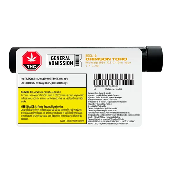 Image for Crimson Toro Indica (1:0) Reachargeable All-In-One Vape, cannabis all products by General Admission