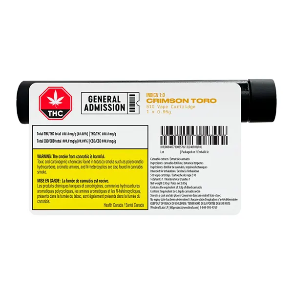 Image for Crimson Toro Indica (1:0) 510 Thread Cartridge, cannabis all products by General Admission