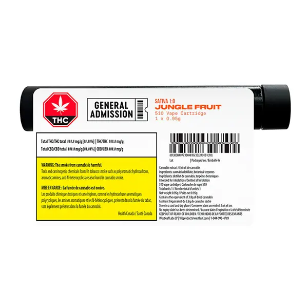 Image for Jungle Fruit Sativa 1:0 510 Thread Cartridge, cannabis 510 cartridges by General Admission