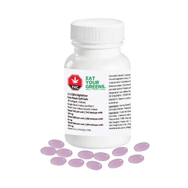 Image for 1:1 THC:CBN Nighttime Soft Gels, cannabis capsules, softgels by Eat Your Greens