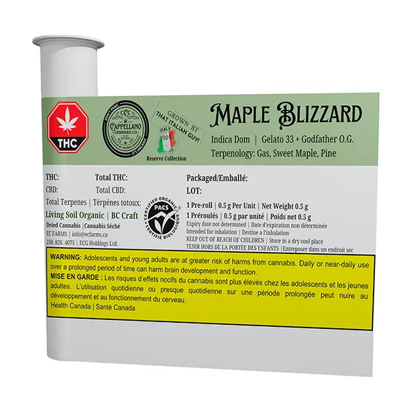 Image for BC Organic (LSO) Maple Blizzard Pre-Roll, cannabis pre-rolls by Cappellano Cannabis