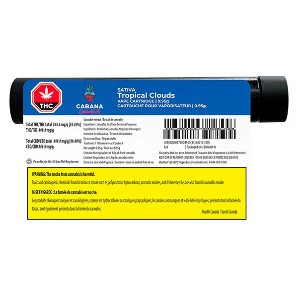 Tropical Clouds Sativa Distillate Vape (510 Cartridges) by Cabana Cannabis Co.