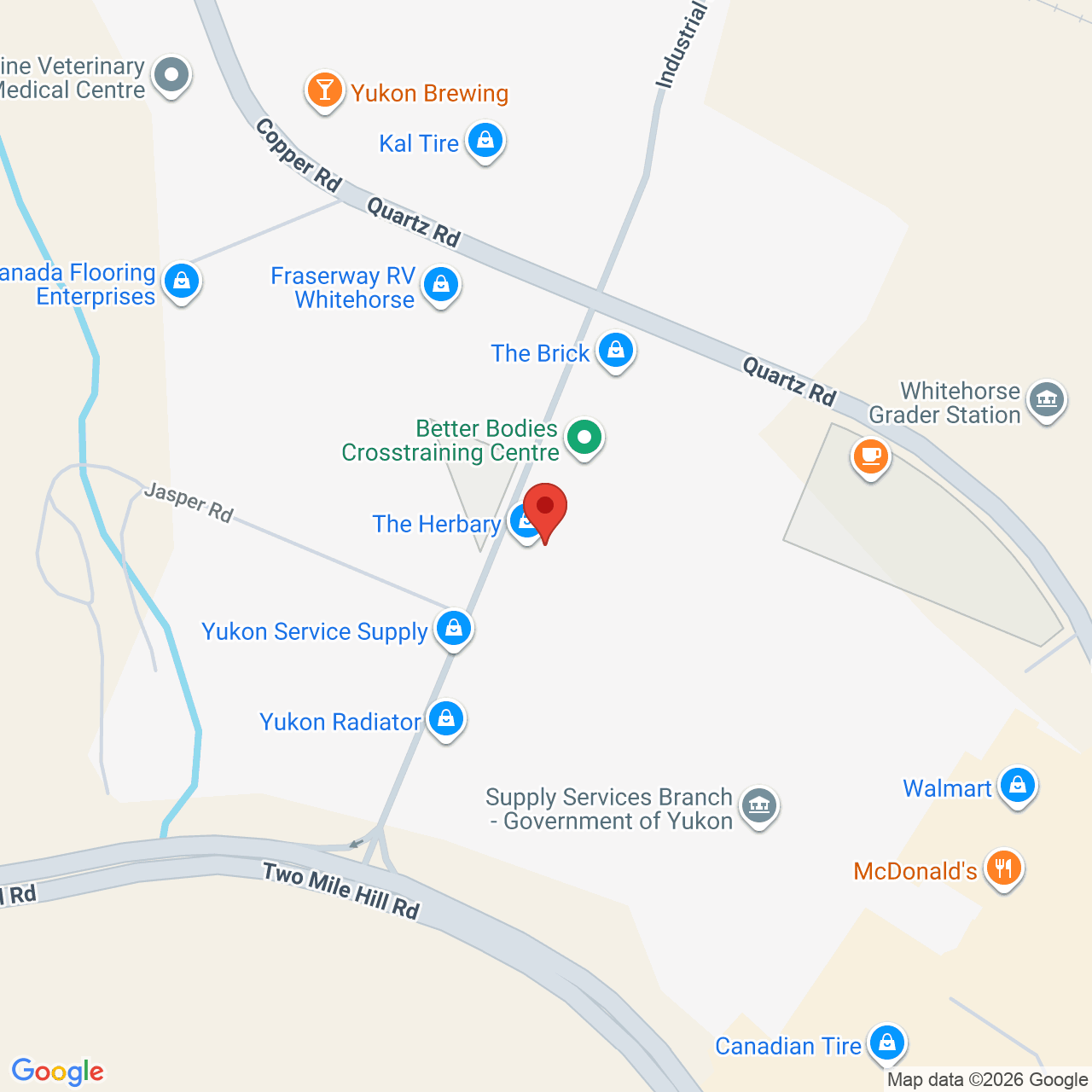 Street map for The Herbary, 120B Industrial Rd, Whitehorse YT