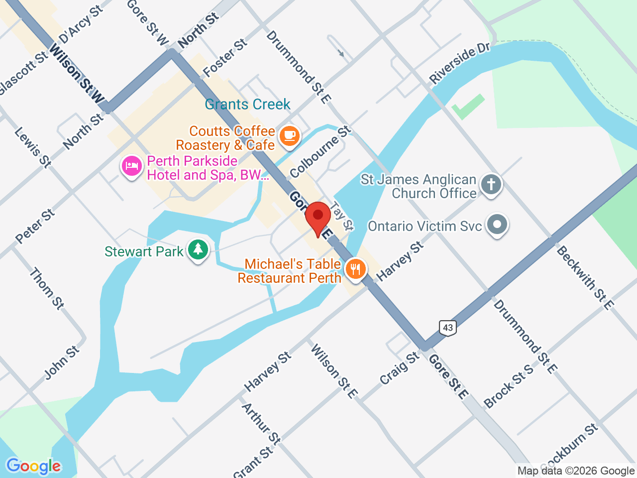 Street map for Olympia Cannabis, 88 Gore St E, Perth ON