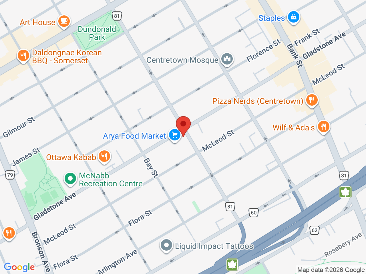 Street map for Bluebird Cannabis Co., 502 Gladstone Ave, Ottawa ON