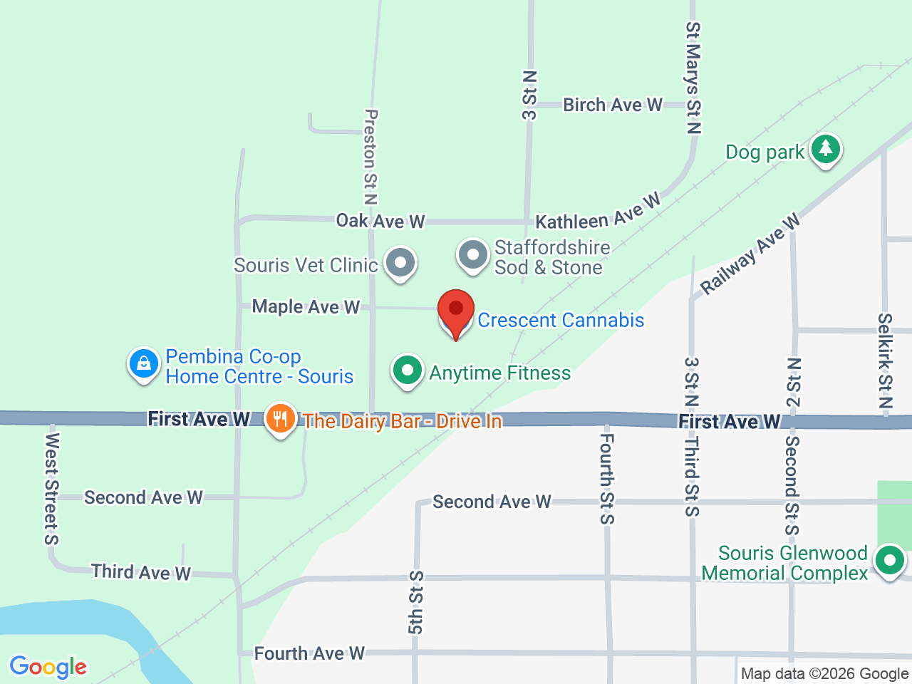 Street map for Crescent Cannabis, 150A Maple Ave W, Souris MB