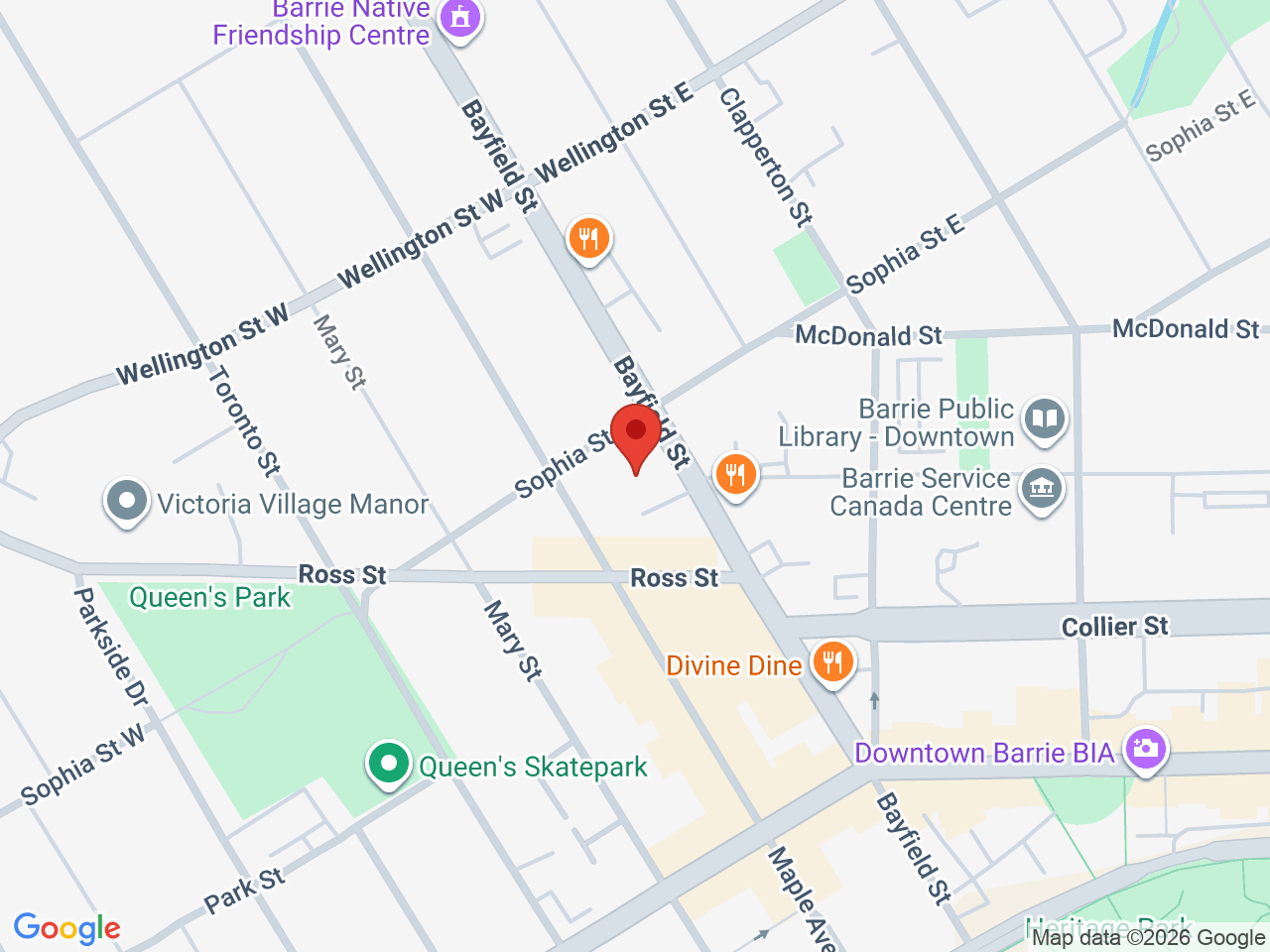 Street map for Emerald Cannabis, 102 Bayfield St Unit 2, Barrie ON