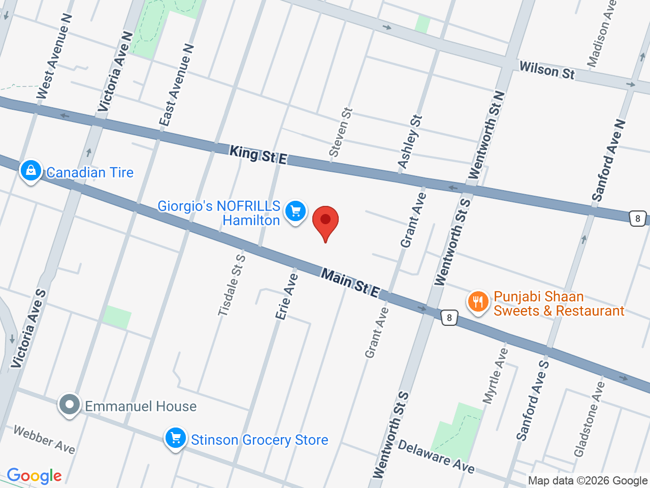 Street map for Canna Cabana, 447 Main St E unit 102, Hamilton ON