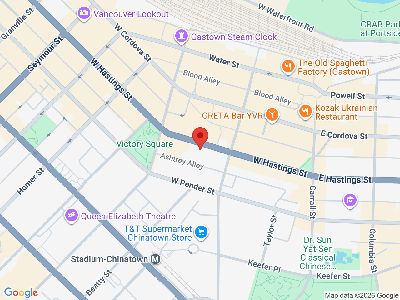 Street map for Nahual Cannabis, 126 W Hastings St, Vancouver BC