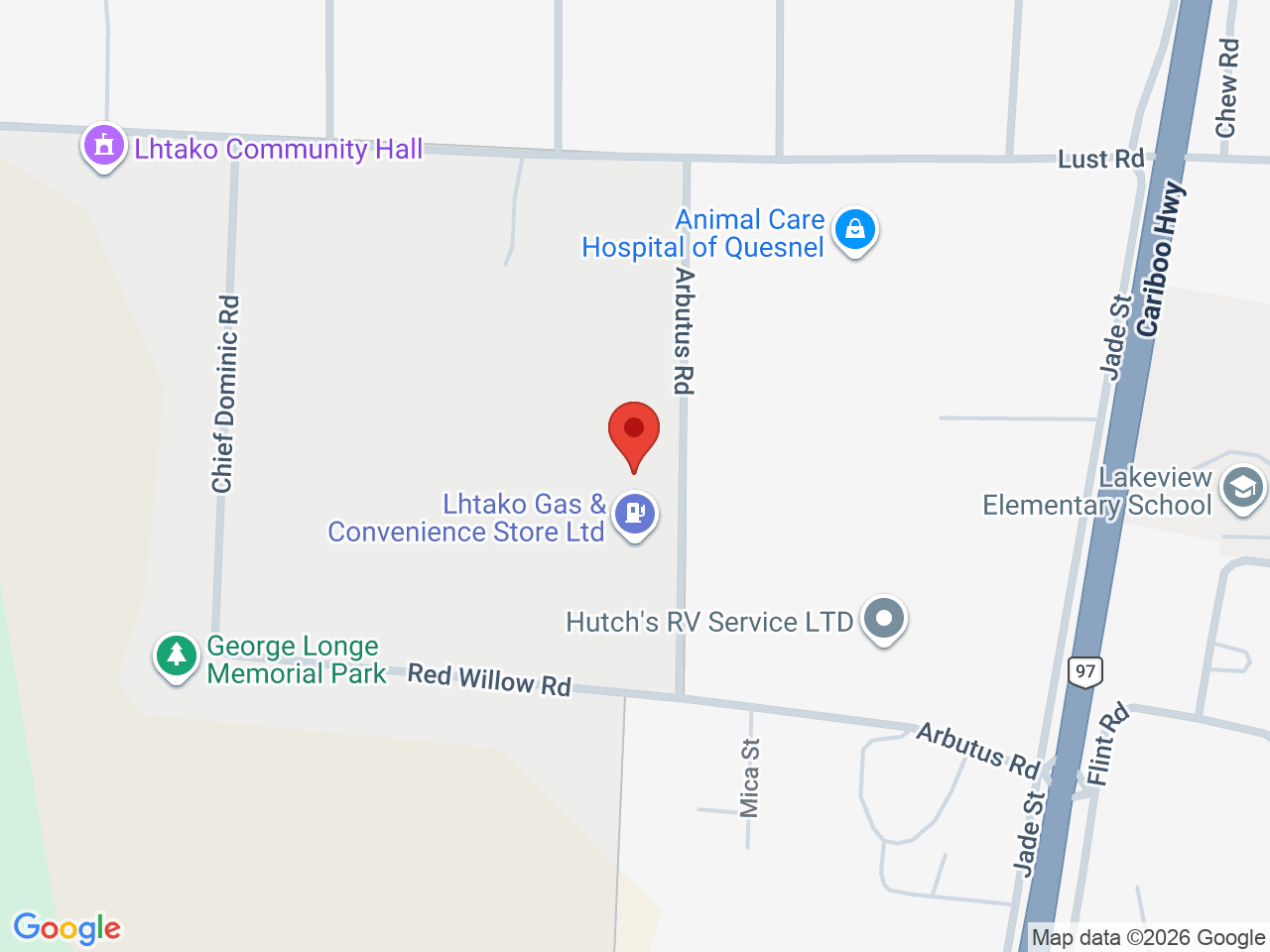 Street map for Lhtako Grass, 1523 Arbutus Rd, Quesnel BC