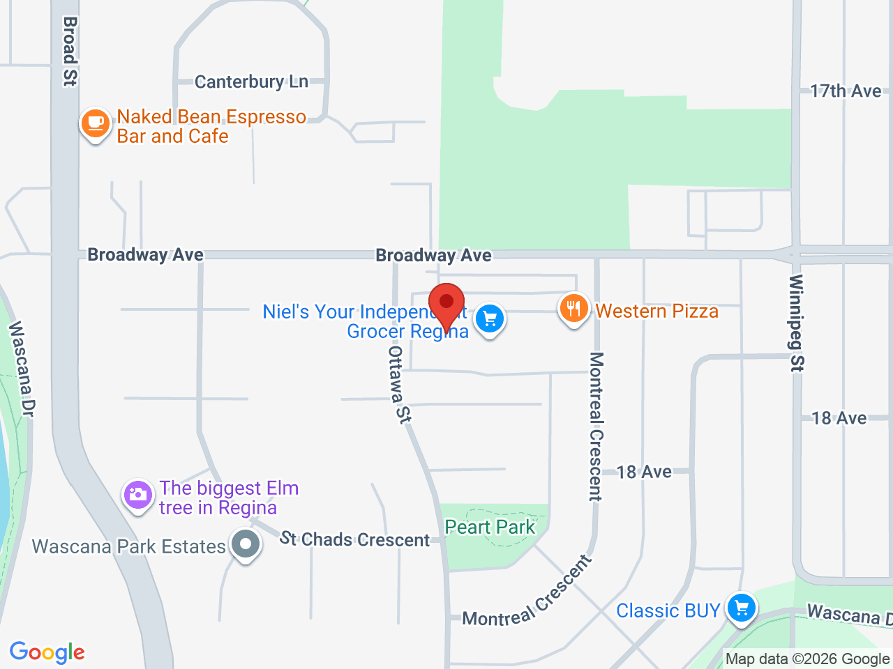 Street map for Canna Green Cannabis, 1359 Broadway Ave, Regina SK